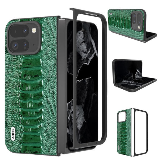 ABEEL For Google Pixel 9 Pro Fold 5G Case Crocodile Texture Genuine Cow Leather+PC Phone Cover - Green
