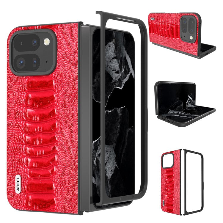 ABEEL For Google Pixel 9 Pro Fold 5G Case Crocodile Texture Genuine Cow Leather+PC Phone Cover - Red