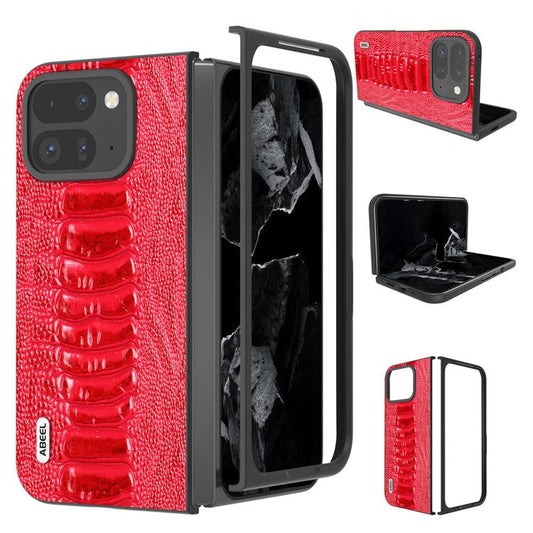 ABEEL For Google Pixel 9 Pro Fold 5G Case Crocodile Texture Genuine Cow Leather+PC Phone Cover - Red
