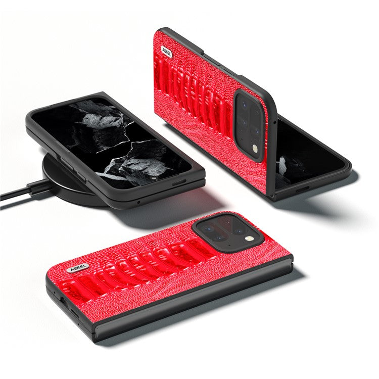 ABEEL For Google Pixel 9 Pro Fold 5G Case Crocodile Texture Genuine Cow Leather+PC Phone Cover - Red