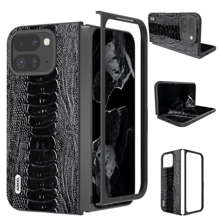 ABEEL For Google Pixel 9 Pro Fold 5G Case Crocodile Texture Genuine Cow Leather+PC Phone Cover - Black