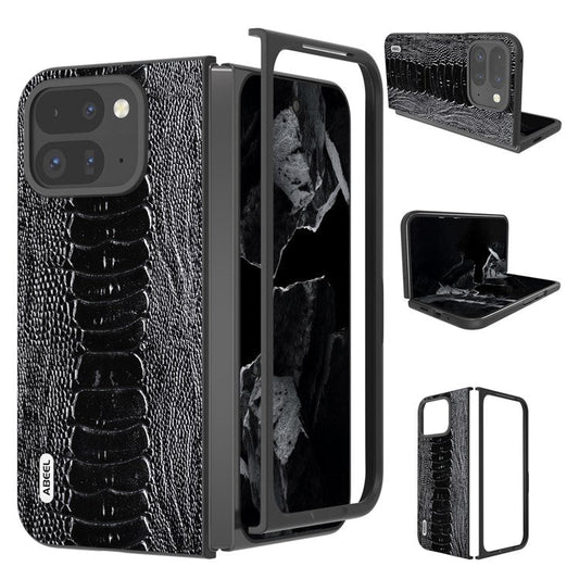 ABEEL For Google Pixel 9 Pro Fold 5G Case Crocodile Texture Genuine Cow Leather+PC Phone Cover - Black