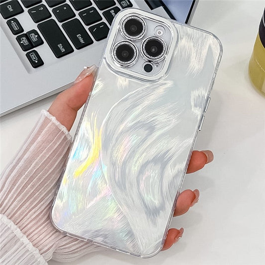 For iPhone 16 Pro Case IMD Design Shockproof PC+TPU Phone Cover with Glass Lens Film - Feather Yarn Pattern / Silver