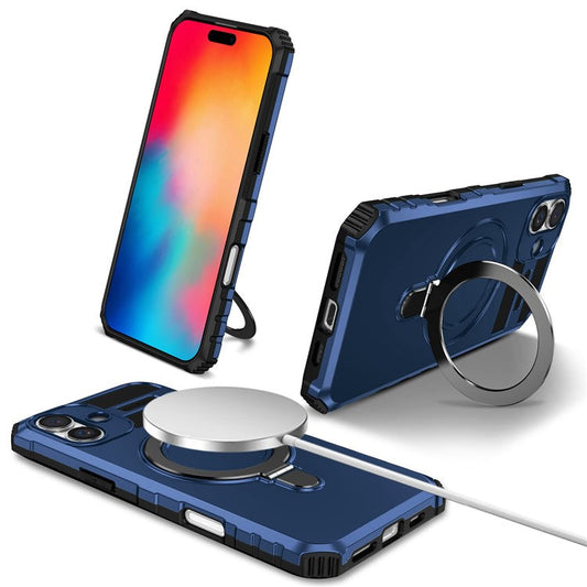 For iPhone 16 Case Magnetic Kickstand PC+TPU Phone Cover Compatible with MagSafe - Dark Blue