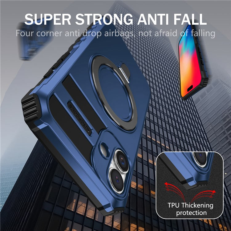 For iPhone 16 Case Magnetic Kickstand PC+TPU Phone Cover Compatible with MagSafe - Dark Blue