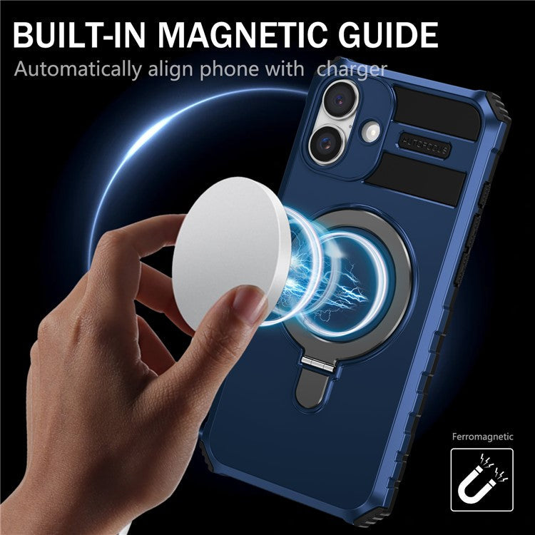 For iPhone 16 Case Magnetic Kickstand PC+TPU Phone Cover Compatible with MagSafe - Dark Blue