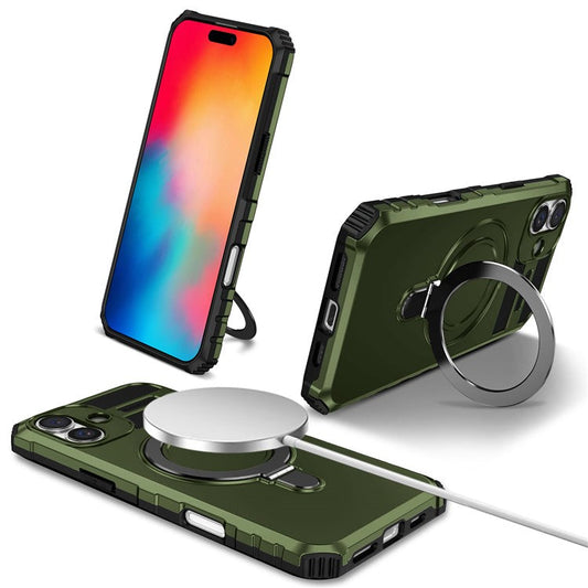 For iPhone 16 Case Magnetic Kickstand PC+TPU Phone Cover Compatible with MagSafe - Green