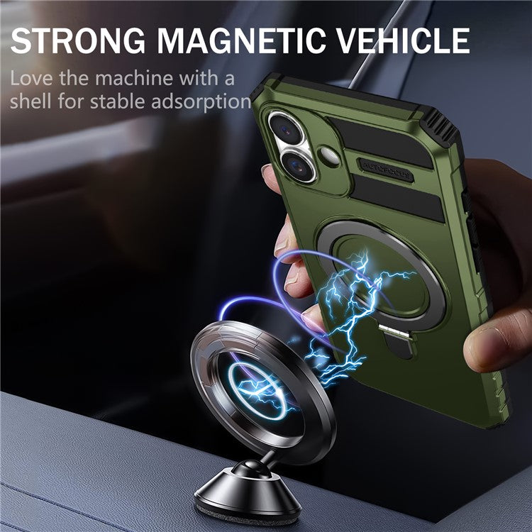 For iPhone 16 Case Magnetic Kickstand PC+TPU Phone Cover Compatible with MagSafe - Green