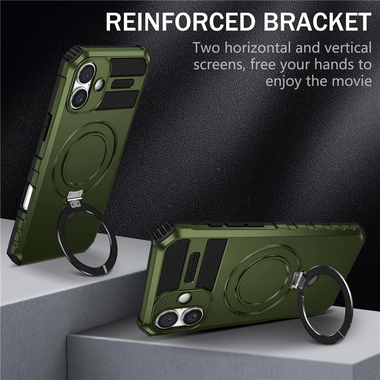 For iPhone 16 Case Magnetic Kickstand PC+TPU Phone Cover Compatible with MagSafe - Green