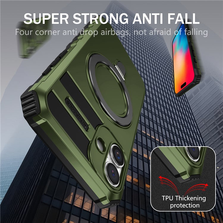 For iPhone 16 Case Magnetic Kickstand PC+TPU Phone Cover Compatible with MagSafe - Green