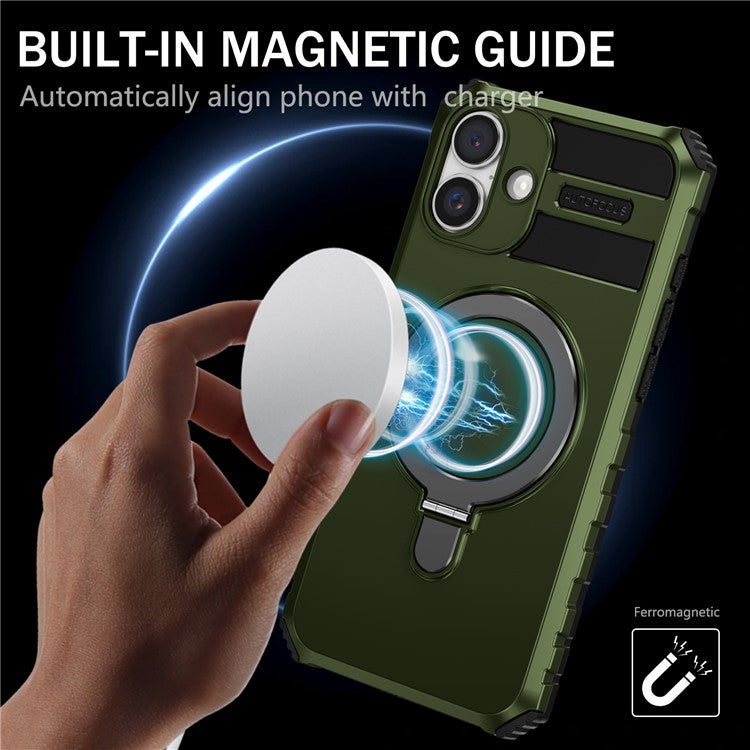 For iPhone 16 Case Magnetic Kickstand PC+TPU Phone Cover Compatible with MagSafe - Green