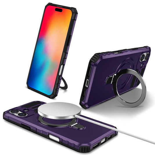For iPhone 16 Plus Magnetic Case PC+TPU Anti-Scratch Phone Cover with Ring Holder - Purple