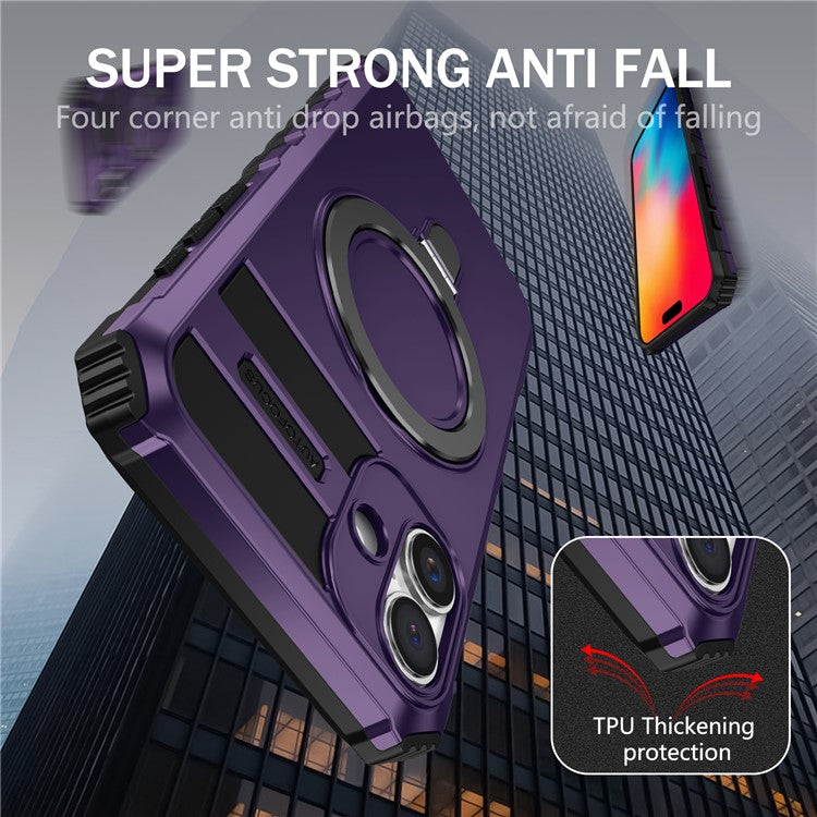 For iPhone 16 Plus Magnetic Case PC+TPU Anti-Scratch Phone Cover with Ring Holder - Purple