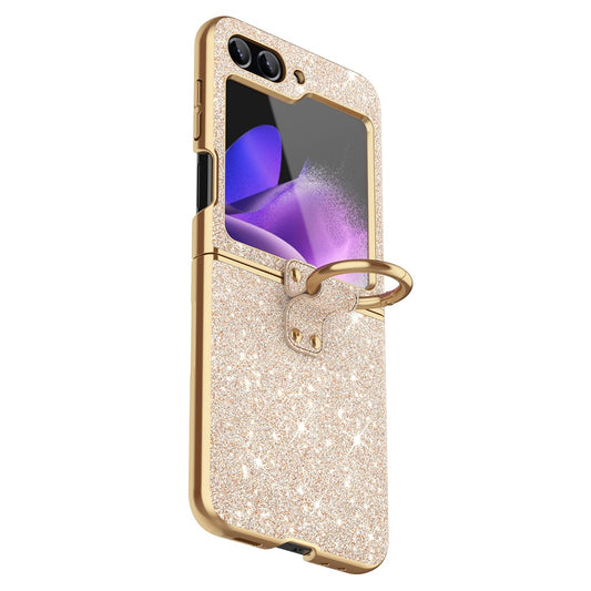 For Samsung Galaxy Z Flip7 FE 5G / Z Flip6 5G Case Glitter Leather+PC Electroplating Phone Cover Ring Kickstand - Gold