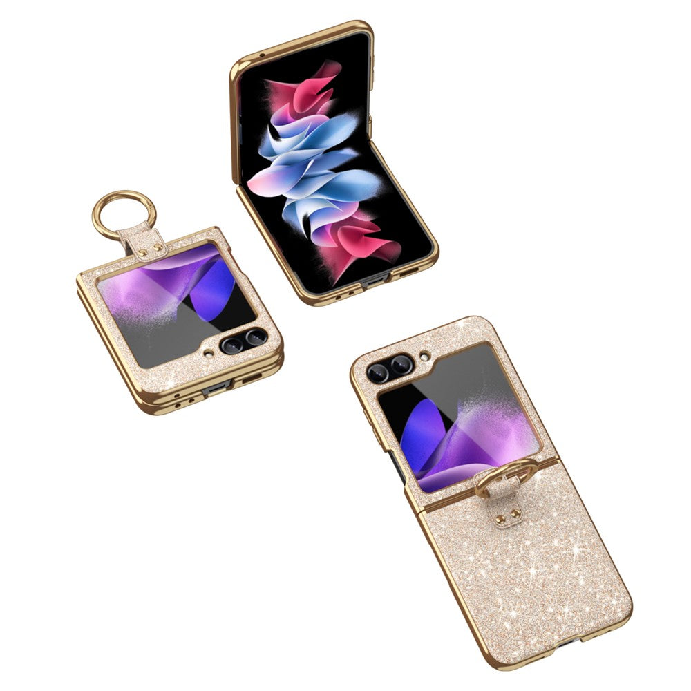 For Samsung Galaxy Z Flip7 FE 5G / Z Flip6 5G Case Glitter Leather+PC Electroplating Phone Cover Ring Kickstand - Gold