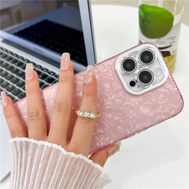For iPhone 16 Pro Case with Lens Film IMD Anti-Scratch PC+TPU Phone Cover Ring Holder Kickstand - Shell Pattern / White