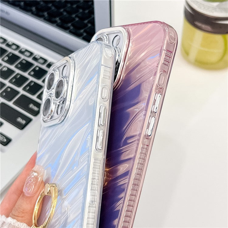 For iPhone 16 Pro Case with Lens Film IMD Anti-Scratch PC+TPU Phone Cover Ring Holder Kickstand - Shell Pattern / White