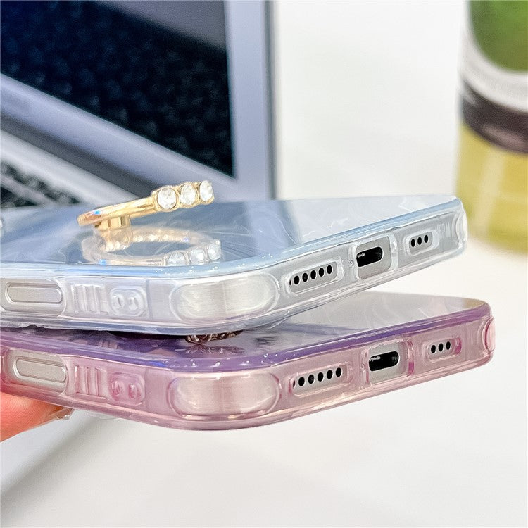 For iPhone 16 Pro Case with Lens Film IMD Anti-Scratch PC+TPU Phone Cover Ring Holder Kickstand - Shell Pattern / White
