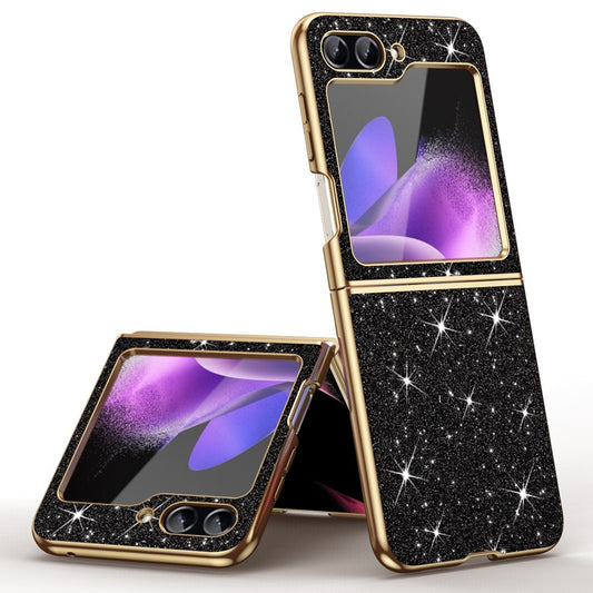 For Samsung Galaxy Z Flip7 FE 5G / Z Flip6 5G Case Leather+PC Phone Cover Sparkle Glitter - Black