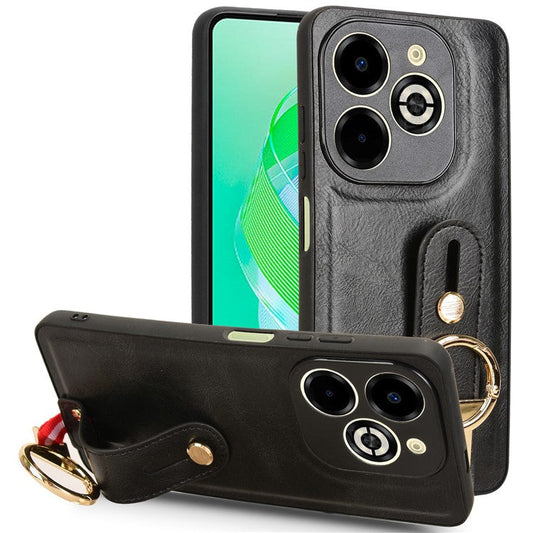 For Infinix Smart 8 Plus / 8 Pro 4G Phone Case Wristband Kickstand Leather+PC+TPU Cover - Black