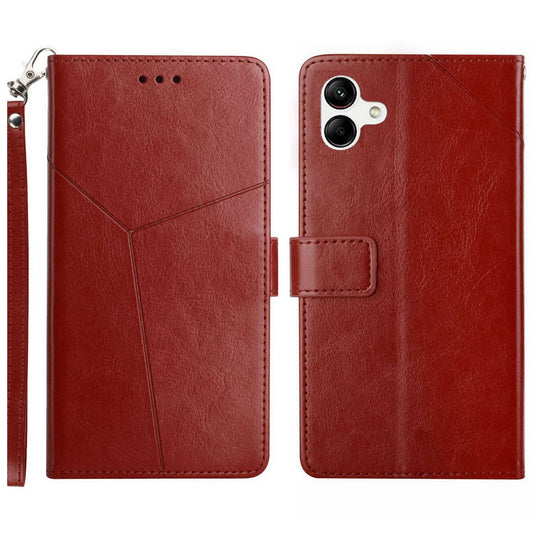 HT01 For Samsung Galaxy A06 Case Leather Phone Cover Y-Shaped Lines Imprint - Brown
