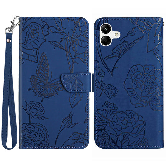 HT03 For Samsung Galaxy A06 Leather Case with Hand Strap Butterfly Flower Imprint - Blue