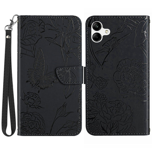 HT03 For Samsung Galaxy A06 Leather Case with Hand Strap Butterfly Flower Imprint - Black