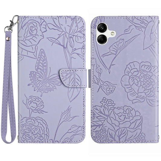 HT03 For Samsung Galaxy A06 Leather Case with Hand Strap Butterfly Flower Imprint - Purple