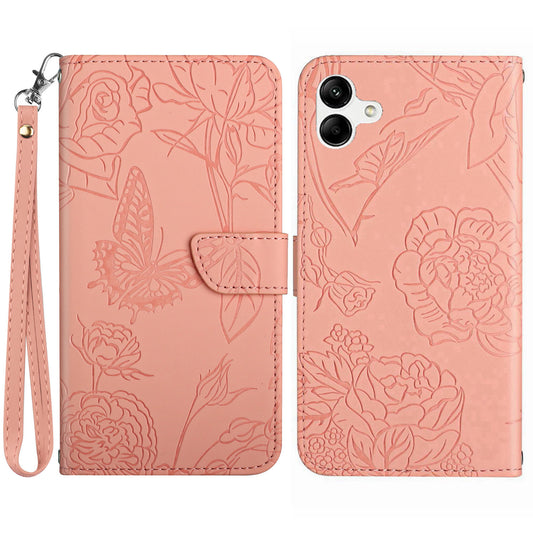 HT03 For Samsung Galaxy A06 Leather Case with Hand Strap Butterfly Flower Imprint - Pink