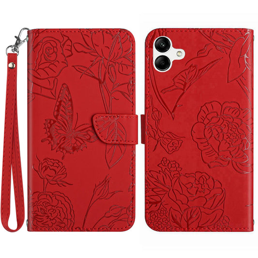 HT03 For Samsung Galaxy A06 Leather Case with Hand Strap Butterfly Flower Imprint - Red