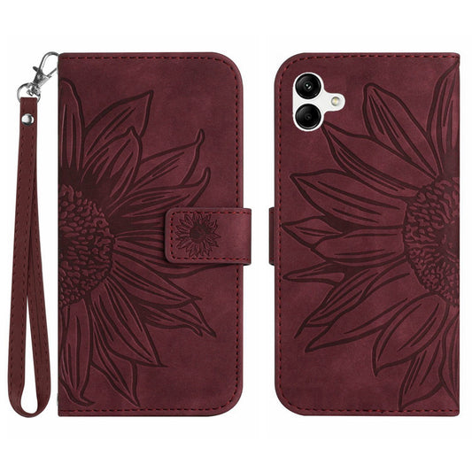 HT04 For Samsung Galaxy A06 Case Sunflower Leather Wallet Phone Cover with Wrist Strap - Wine Red
