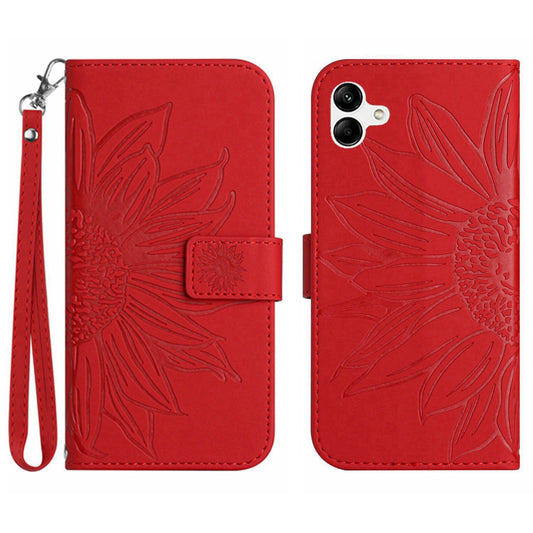 HT04 For Samsung Galaxy A06 Case Sunflower Leather Wallet Phone Cover with Wrist Strap - Red