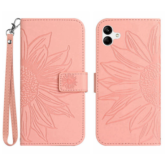 HT04 For Samsung Galaxy A06 Case Sunflower Leather Wallet Phone Cover with Wrist Strap - Light Pink
