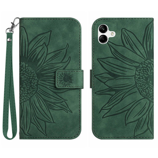 HT04 For Samsung Galaxy A06 Case Sunflower Leather Wallet Phone Cover with Wrist Strap - Dark Green