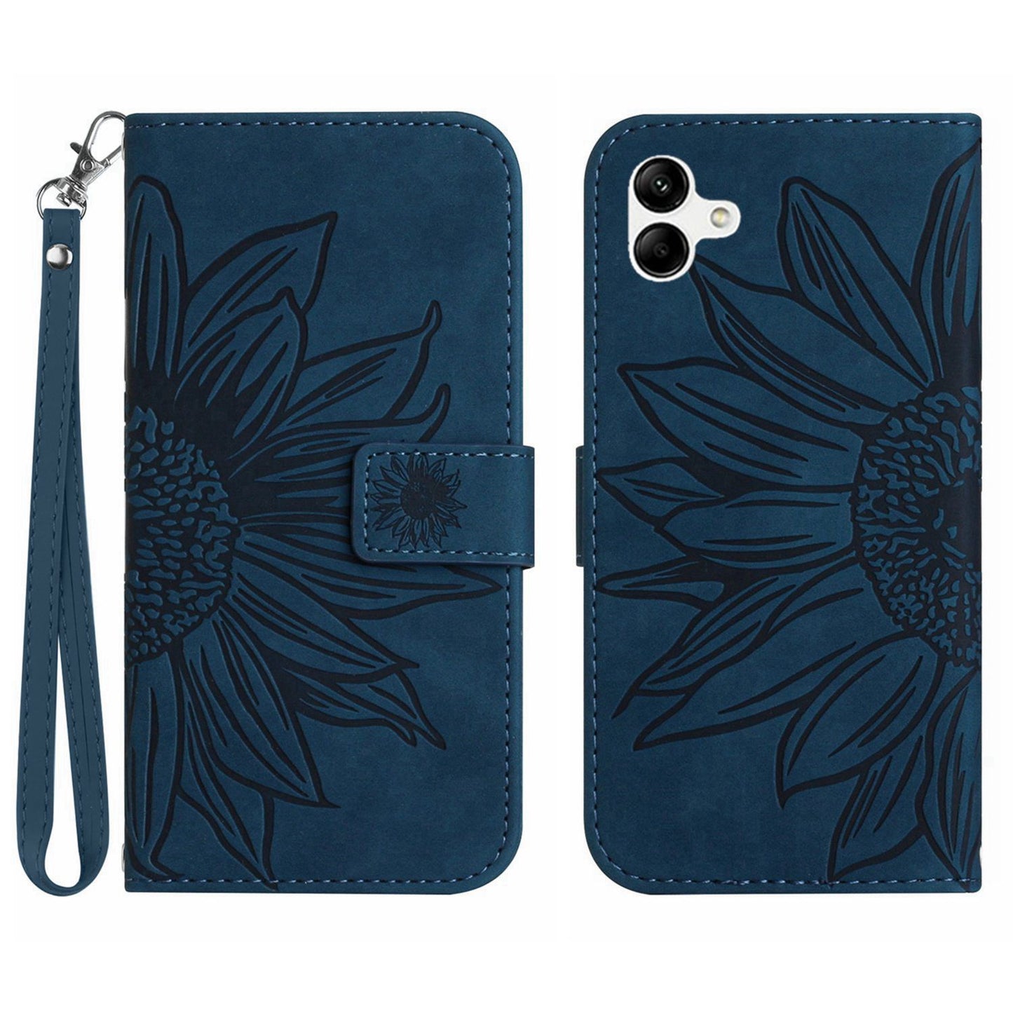 HT04 For Samsung Galaxy A06 Case Sunflower Leather Wallet Phone Cover with Wrist Strap - Dark Blue