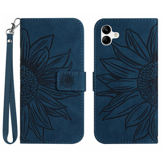 HT04 For Samsung Galaxy A06 Case Sunflower Leather Wallet Phone Cover with Wrist Strap - Dark Blue