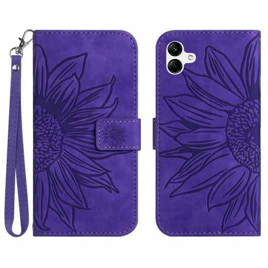 HT04 For Samsung Galaxy A06 Case Sunflower Leather Wallet Phone Cover with Wrist Strap - Dark Purple