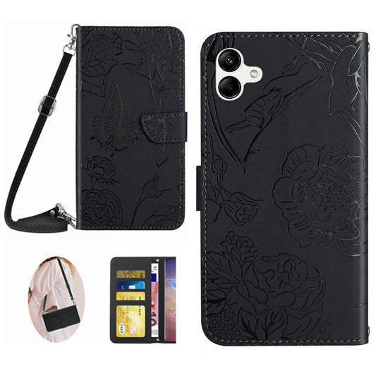 HT03 For Samsung Galaxy A06 Case Butterfly Flower Imprint Leather Phone Cover with Shoulder Strap - Black