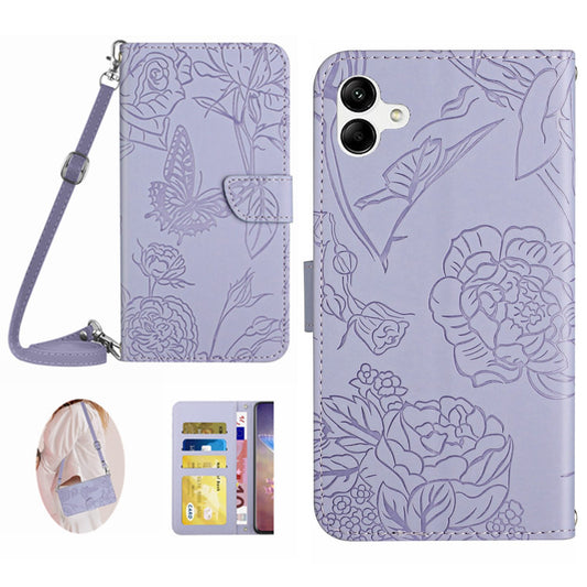 HT03 For Samsung Galaxy A06 Case Butterfly Flower Imprint Leather Phone Cover with Shoulder Strap - Purple