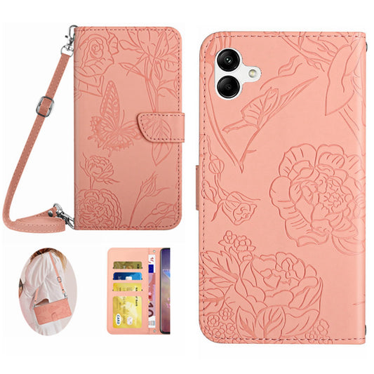 HT03 For Samsung Galaxy A06 Case Butterfly Flower Imprint Leather Phone Cover with Shoulder Strap - Pink