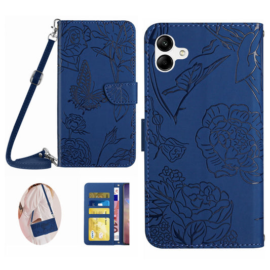 HT03 For Samsung Galaxy A06 Case Butterfly Flower Imprint Leather Phone Cover with Shoulder Strap - Blue