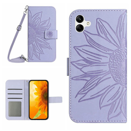 HT04 For Samsung Galaxy A06 Case PU Leather Sunflower Imprint Phone Cover with Long Strap - Light Green