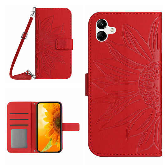 HT04 For Samsung Galaxy A06 Case PU Leather Sunflower Imprint Phone Cover with Long Strap - Red