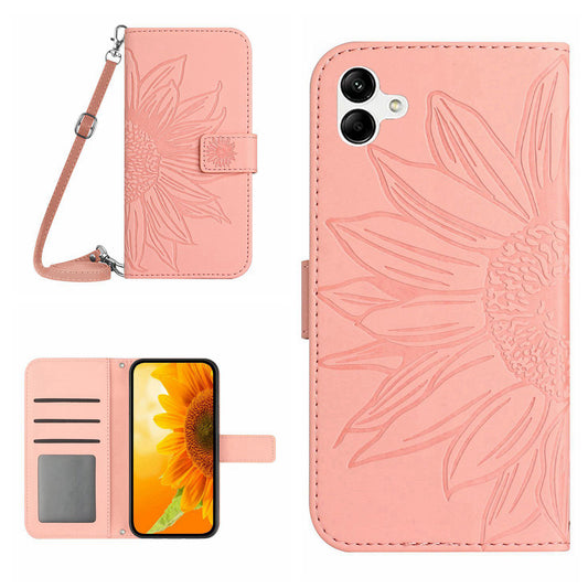 HT04 For Samsung Galaxy A06 Case PU Leather Sunflower Imprint Phone Cover with Long Strap - Pink