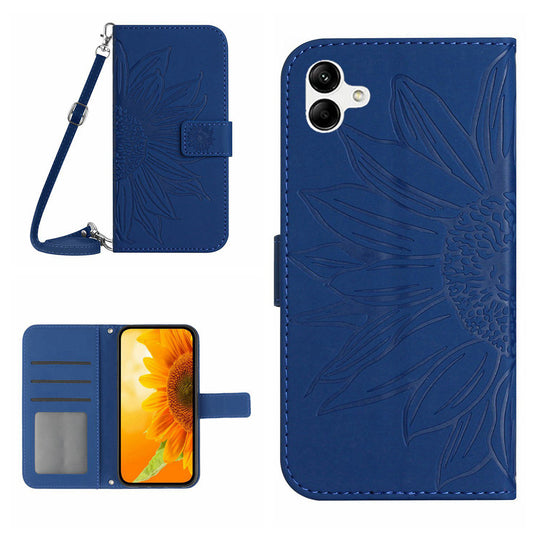 HT04 For Samsung Galaxy A06 Case PU Leather Sunflower Imprint Phone Cover with Long Strap - Sapphire