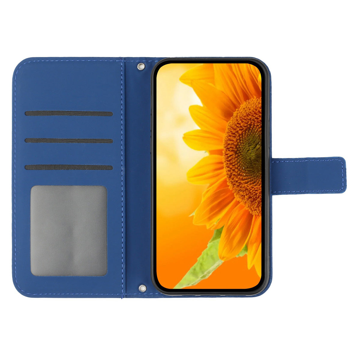 HT04 For Samsung Galaxy A06 Case PU Leather Sunflower Imprint Phone Cover with Long Strap - Sapphire