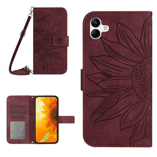 HT04 For Samsung Galaxy A06 Case PU Leather Sunflower Imprint Phone Cover with Long Strap - Wine Red