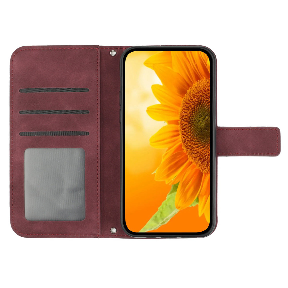HT04 For Samsung Galaxy A06 Case PU Leather Sunflower Imprint Phone Cover with Long Strap - Wine Red
