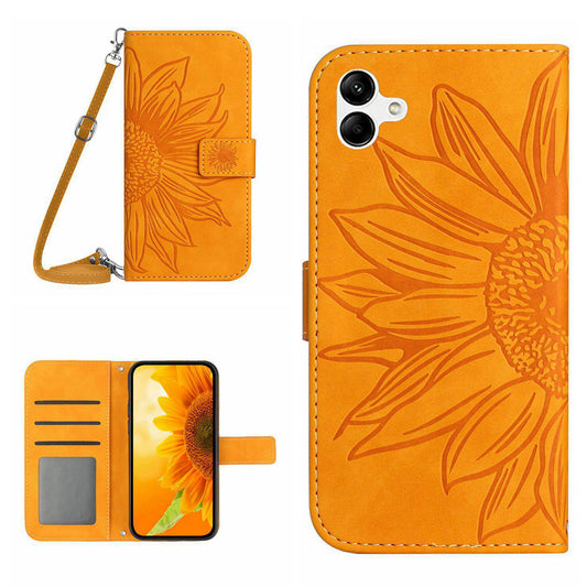 HT04 For Samsung Galaxy A06 Case PU Leather Sunflower Imprint Phone Cover with Long Strap - Yellow