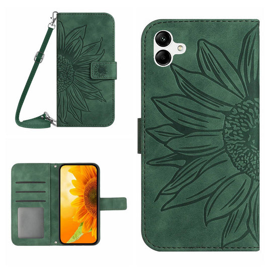 HT04 For Samsung Galaxy A06 Case PU Leather Sunflower Imprint Phone Cover with Long Strap - Dark Green
